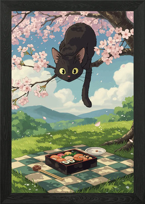 Schwarze Katze im Kirschblütenbaum Gerahmtes Wandbild Poster Leinwanddruck Bild