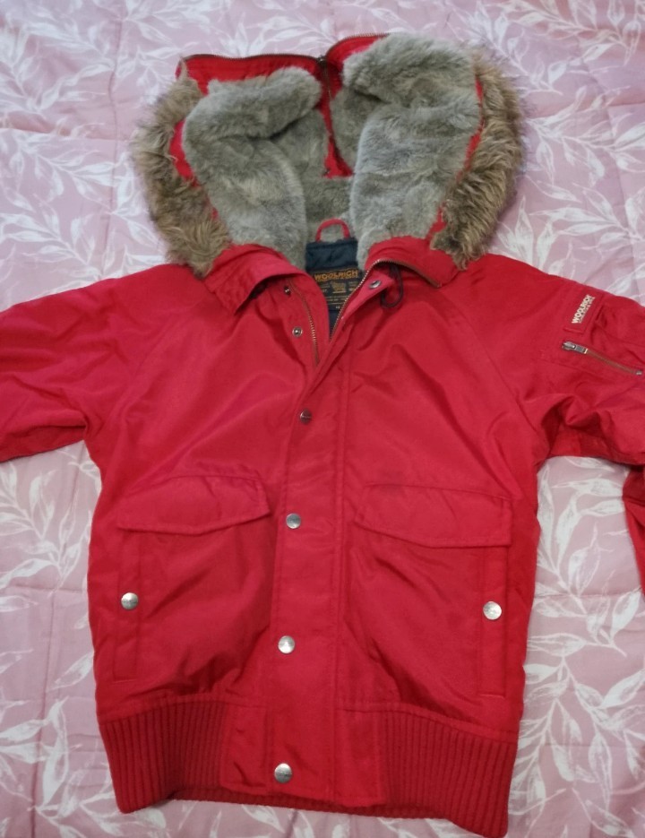 Woolrich giacca bimbo unisex rossa cappuccio pelliccia sint. imbottita 10-11
