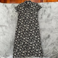 Talbots 90s Y2K Maxi Collared Shirt Dress Women's 12 Black Cream Floral Button