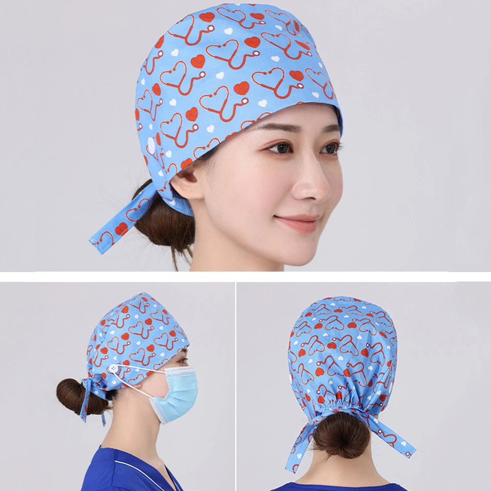 Unisex Surgical Scrub Cap Hat with Buttons Women Men Hospital Doctor Nurses - Image 2 of 4