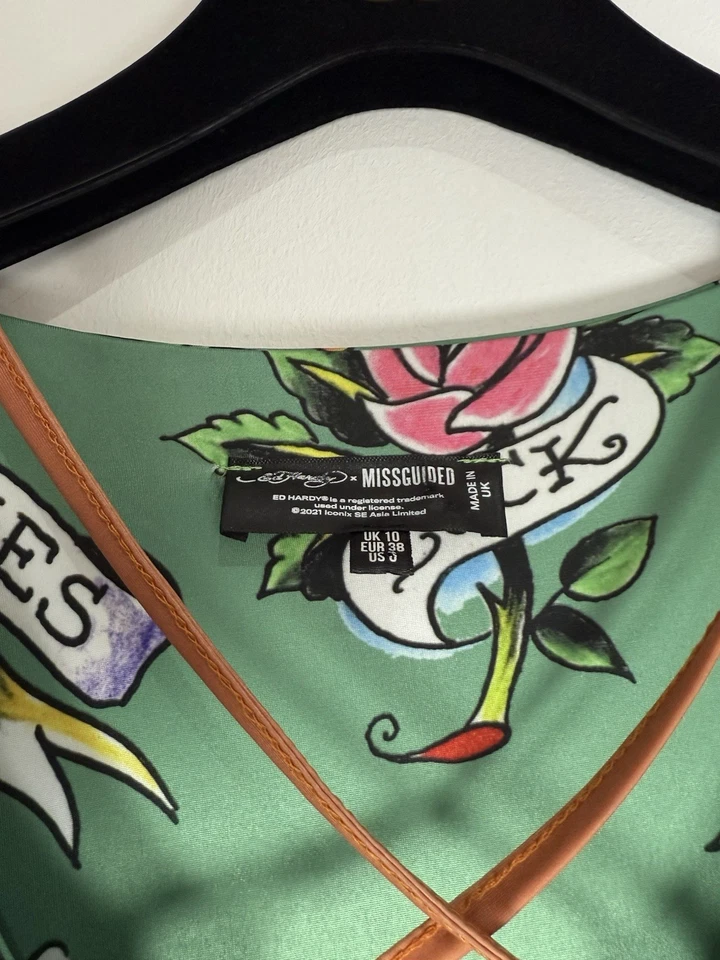 Ed Hardy x Missguided UK Size 10 Green & Orange Tattoo Open Front Bodycon Dress - image 4 of 4