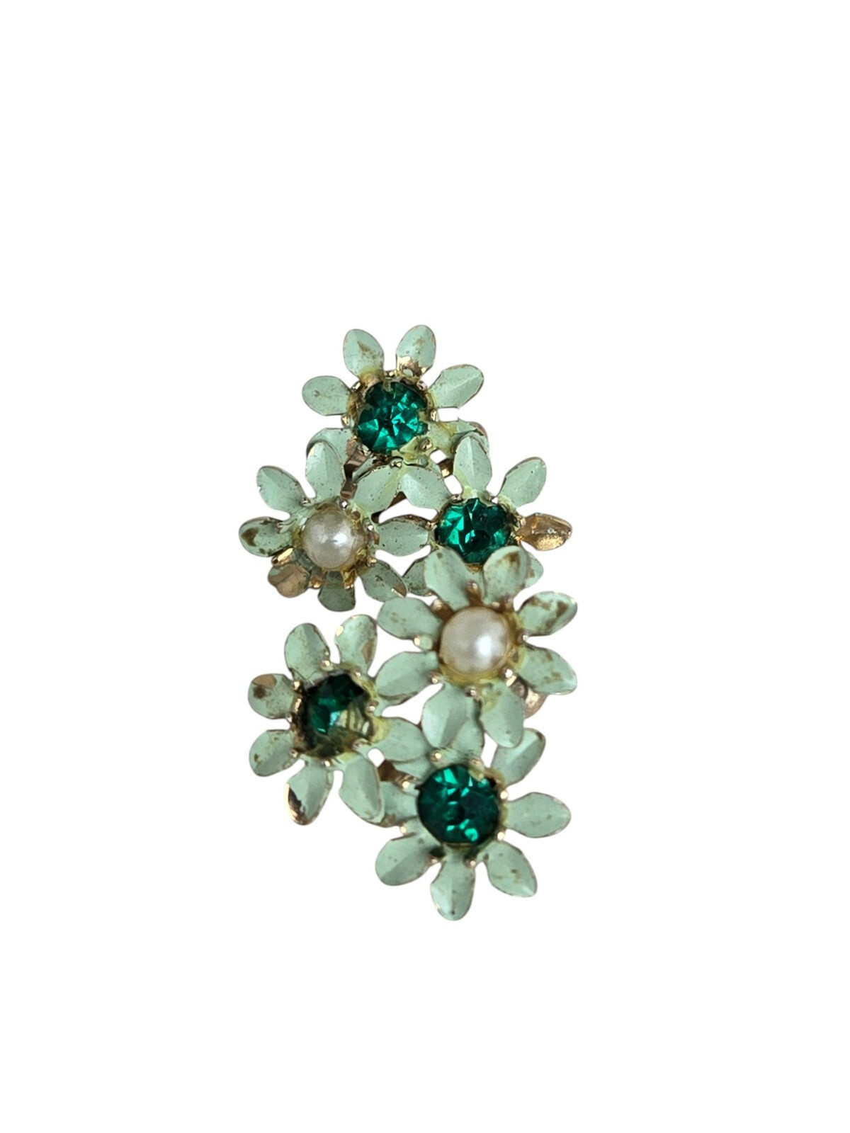 Vintage Trio of Green Enamel Flowers Screwback Earrings w/ Rhinestones & Pearl
