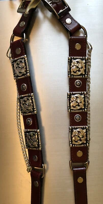 AUSTIN ACCENT NEW! Leather Western Biker Boot Chains Bracelets Brown- Silver Square Concho USA