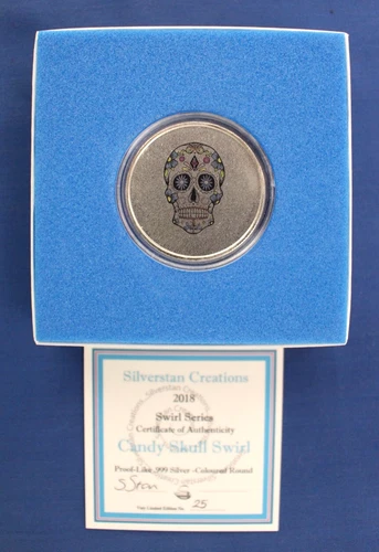 2018 1oz Silver Proof Round "Candy Skull Swirl" in Case with COA