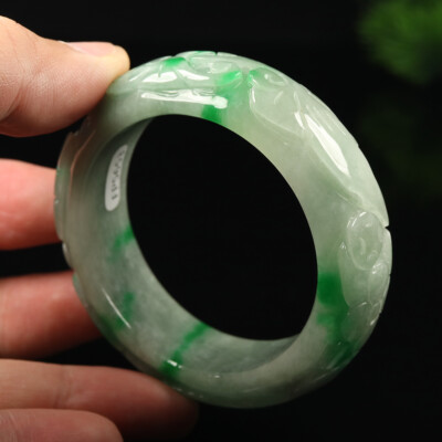 51mm White Green Jadeite Jade Bangle Bracelet Hand-carved Bat