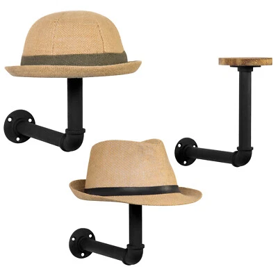 MyGift Set of 3 Metal Pipe and Brown Wood Wall Mounted Hat and Wig Rack Holders