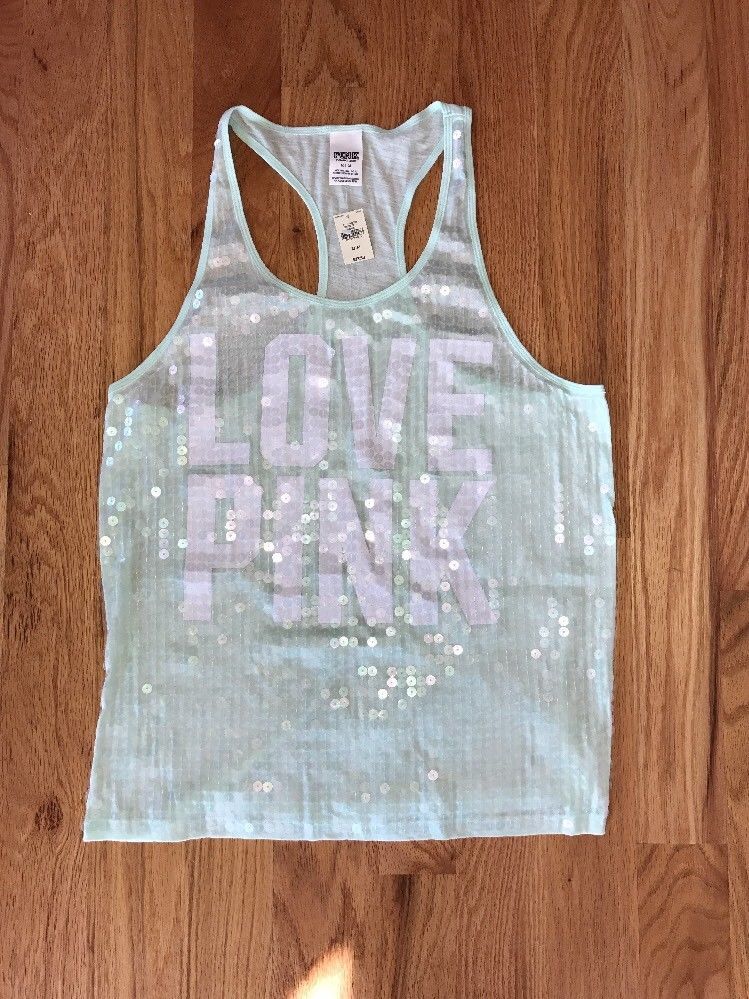 Top Victoria's Secret PINK à Paillettes - Vert Menthe Sans Manches - Taille M - Coton