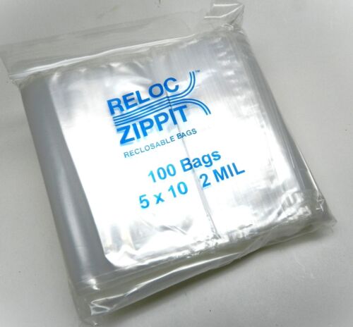 100 Reloc Clear Bags 5x10 2Mil Poly Zippit RECLOSABLE Bag Squeeze Top - Picture 3 of 4