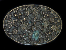 UE01126 VINTAGE 1970s  FLORAL ORNAMENTAL  ART FASHION BRASSTONE BELT BUCKLE