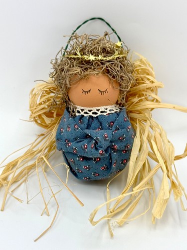 Handgefertigter Raffia Engel Ornament Holzkopf blau Blumen Kleid Weihnachten 4 Zoll - Bild 1 von 6
