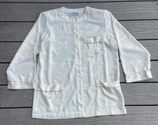 Natori II Ivory Satin Pajama Top Button Front Long Sleeve Pockets Gold Trim M/L