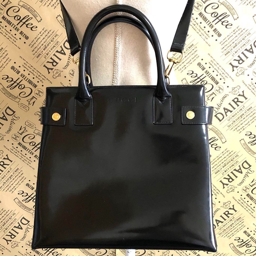 Gucci Logo Embossed Black Patent Leather Tote Bag