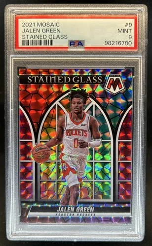 2021-22 Panini Mosaic Jalen Green Stained Glass Rookie RC #9 Rockets PSA 9
