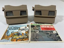 2 Vintage GAF View-Master Viewers Tan Color w/ Road Runner Disneyland Reels