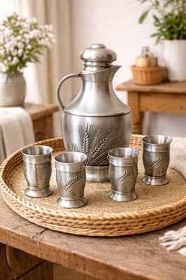Pewter Jug & 4 Shot Glasses Set, Embossed Decanter Wheat Design, Rustic Barware