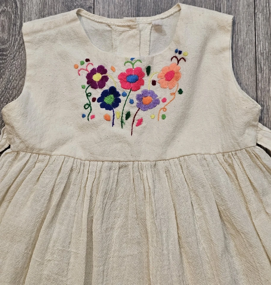 Vestido sem mangas vintage bebê menina fofo verão floral linho 4T algodão caseiro - Imagem 3 de 4