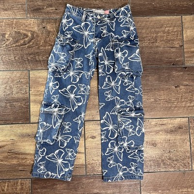 Celebrity Ace Denim Jeans Girls Size 8 Cargo Flare Leg Stretch Butterfly s