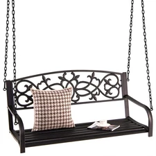 2-Person Metal Outdoor Porch Swing Hanging Patio Bench 485 Lbs Capacity Brown