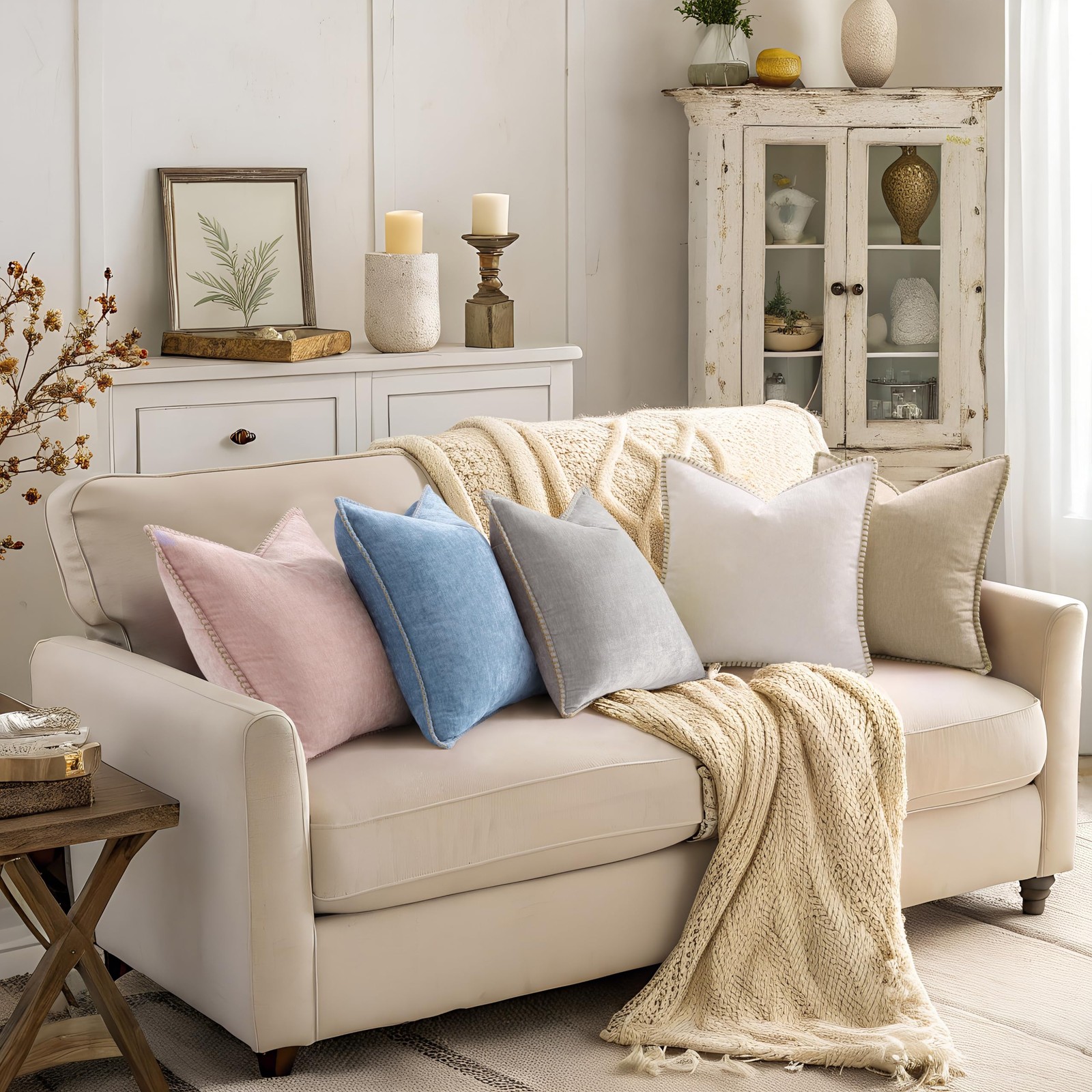 decorUhome Chenille Soft Throw Pillow Covers 18x18 Set of 2, Farmhouse Velvet