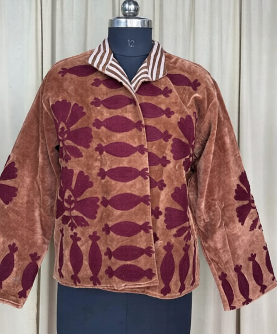 Chaqueta Kimono Terciopelo Bordado Artesanal - Abrigo Corto Floral Étnico Boho