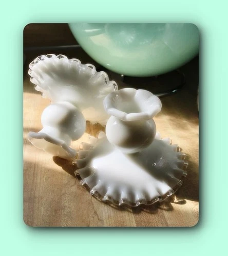 FENTON glass  vintage ruffled candle holders cupcake stand PAIR   Silver Crest
