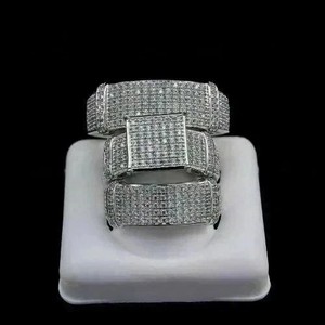 Authentic 14k White Gold Plated Round Diamond Lab Created Wide Trio Ring Matching Band Set