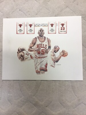 CHICAGO BULLS MICHAEL JORDAN 45 IM BACK 3 PEAT BANNER PRINT BY RUGAI RARE NICE