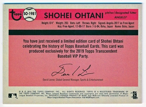 2019 Topps Transcendent Shohei Ohtani Through The Years Rc #SO-1981 (48/50) - Picture 2 of 2