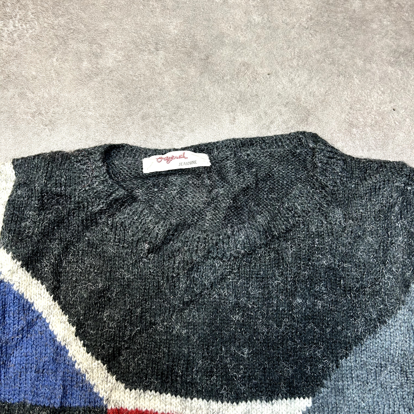 Vintage Knitted Jumper Mens XL Abstract Crew Neck Pullover Knit Sweater, Grey image 3