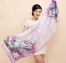 100% Silk Scarf Women neckerchief Shawl Wrap floral purple pink MY1