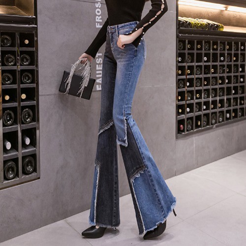 Ladies Jean Denim Pants Patchwork 