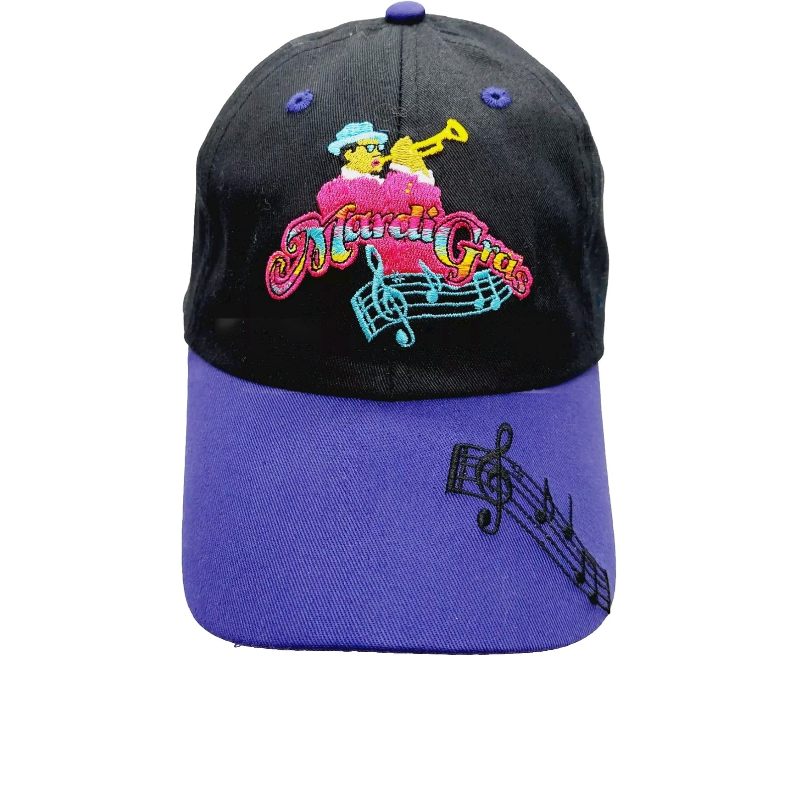 Mardi Gras Ball Hat Black Purple Buckle Strap Embroidery Trumpet Player Music
