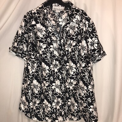 Gloria Lance Women's Blk/White sheen Floral Button Blouse women's  2X 