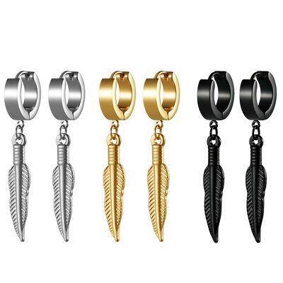 6pcs Men's Womens Stainless Steel Feather Drop Dangle Hoop Huggie Studs Earrings