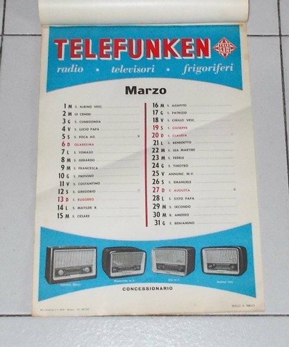 Calendario TELEFUNKEN 1960 Radiotelevisione Calendar Radio Tv Promo Pubblicità - Picture 3 of 4