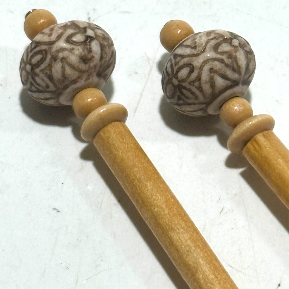 Set Of 2! Hair Sticks Tan Wooden W/ Tan/Cream Beads 5.5" Long - Image 2 of 2