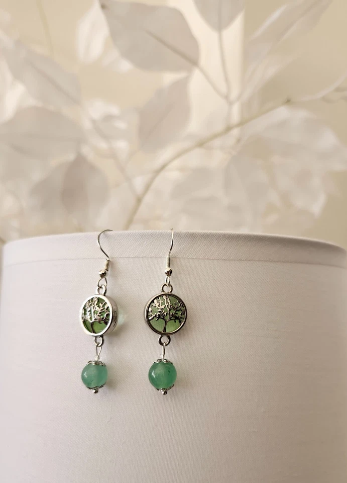 Green Tree Of Life Platinum Plated Aventurine Stone Earrings - Image 2 of 4
