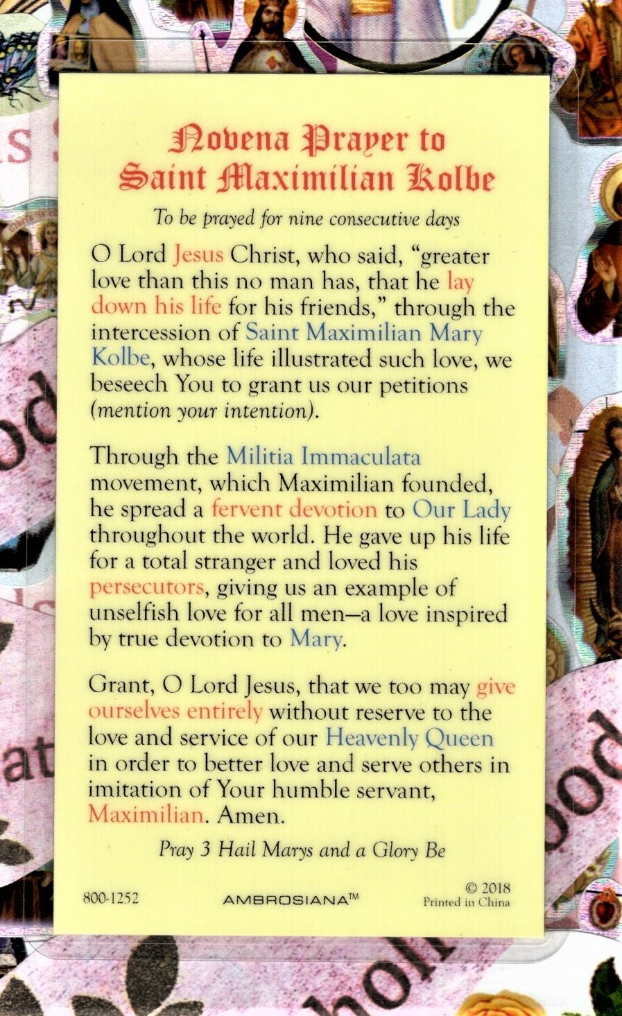 Novena Prayer to Saint Maximilian Kolbe Laminated Holy Card eBay
