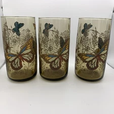 Vintage 3 Libbey Smokey Butterfly Meadow Garden Tumbler Drinking Glasses 70s 5"