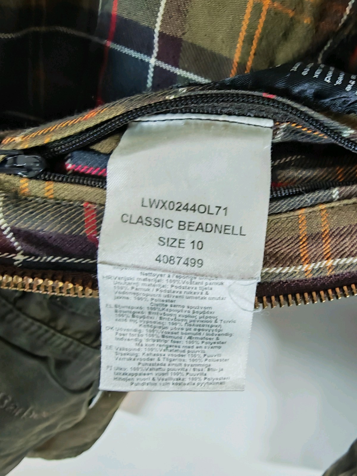 Barbour Classic Beadnell Wax Jacket Olive Women's Size UK 10 US 6 Tartan image 6