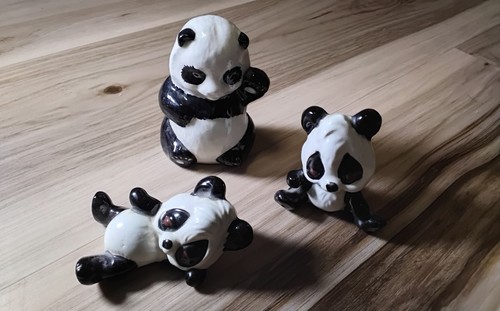 Antique Set Of 3 Playful Panda Porcelain Figurines.