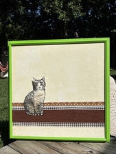Vintage Felted Cat Groovy Framed Cork Board Bulletin Board Memo Board 26x26&rdquo;
