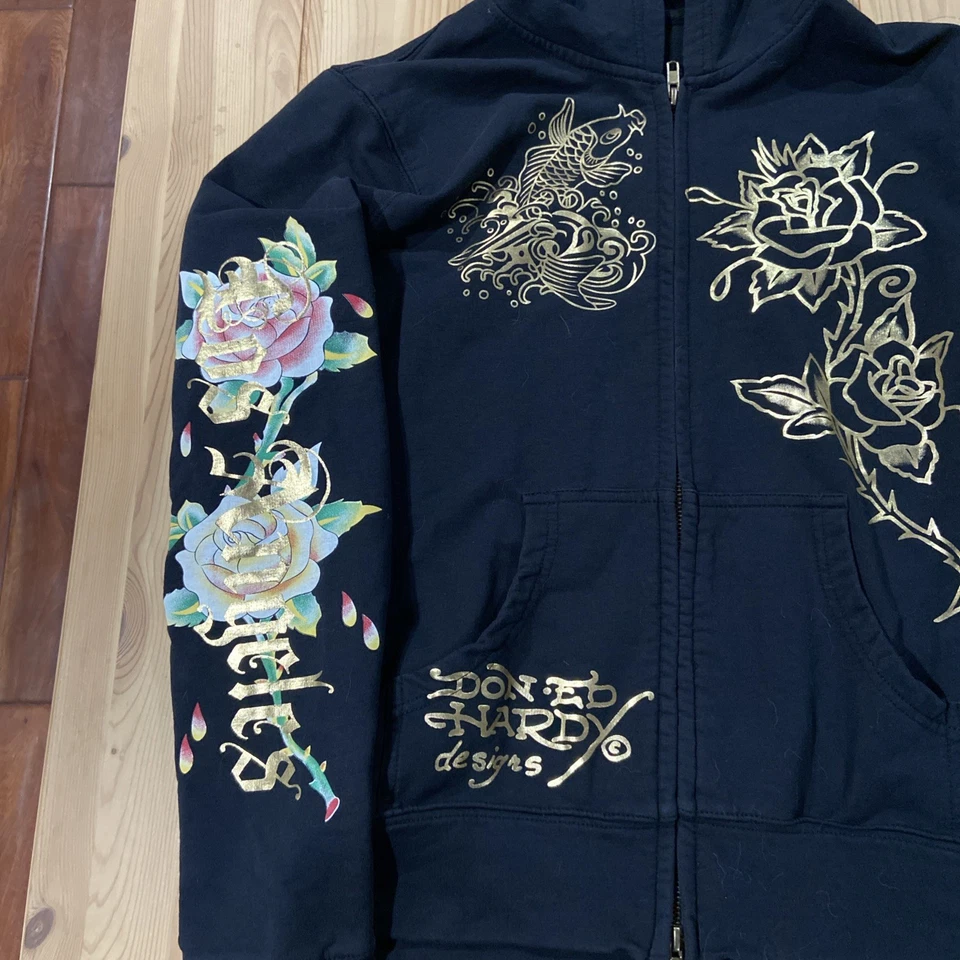Sudadera Ed Hardy Y2K Negra Sudadera con Capucha Ciudad de Nueva York Recortada Rosa Talla Grande Foto 3 de 4