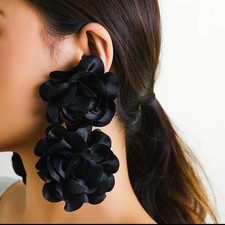 Women Exaggerated Flower Fabric Dangling Earrings Bold Chiffon Petal Jewelry