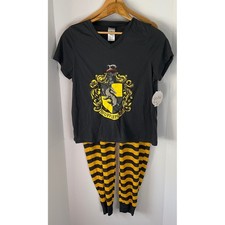 Harry Potter Hufflepuff Pajama Set Womens XL Grey Yellow Striped PJammy NEW