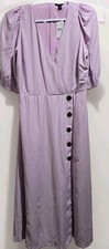 Ann Taylor Purple Solid V-Neck Fit  Flare Midi Dress Puff Sleeve Zip 4