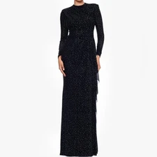 Betsy & Adam Black Rhinestone Long Sleeve Stretch Gown Size 10 $289