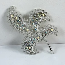 Vintage EMMONS Signed Auroa Borealis Rhinestone Silver Tone Leaf Brooch