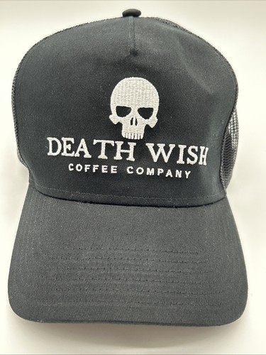 Death Wish Coffe Company SnapBack Mish Back Trucker Hat Black Embroidered Skull