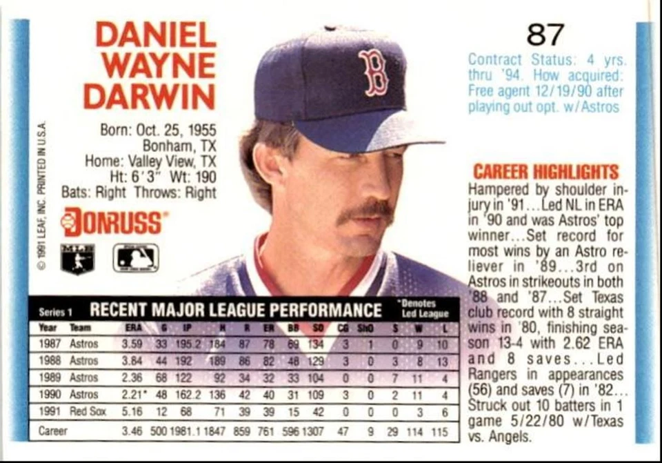 1992 Donruss Danny Darwin Boston Red Sox #87 - Image 2 of 2